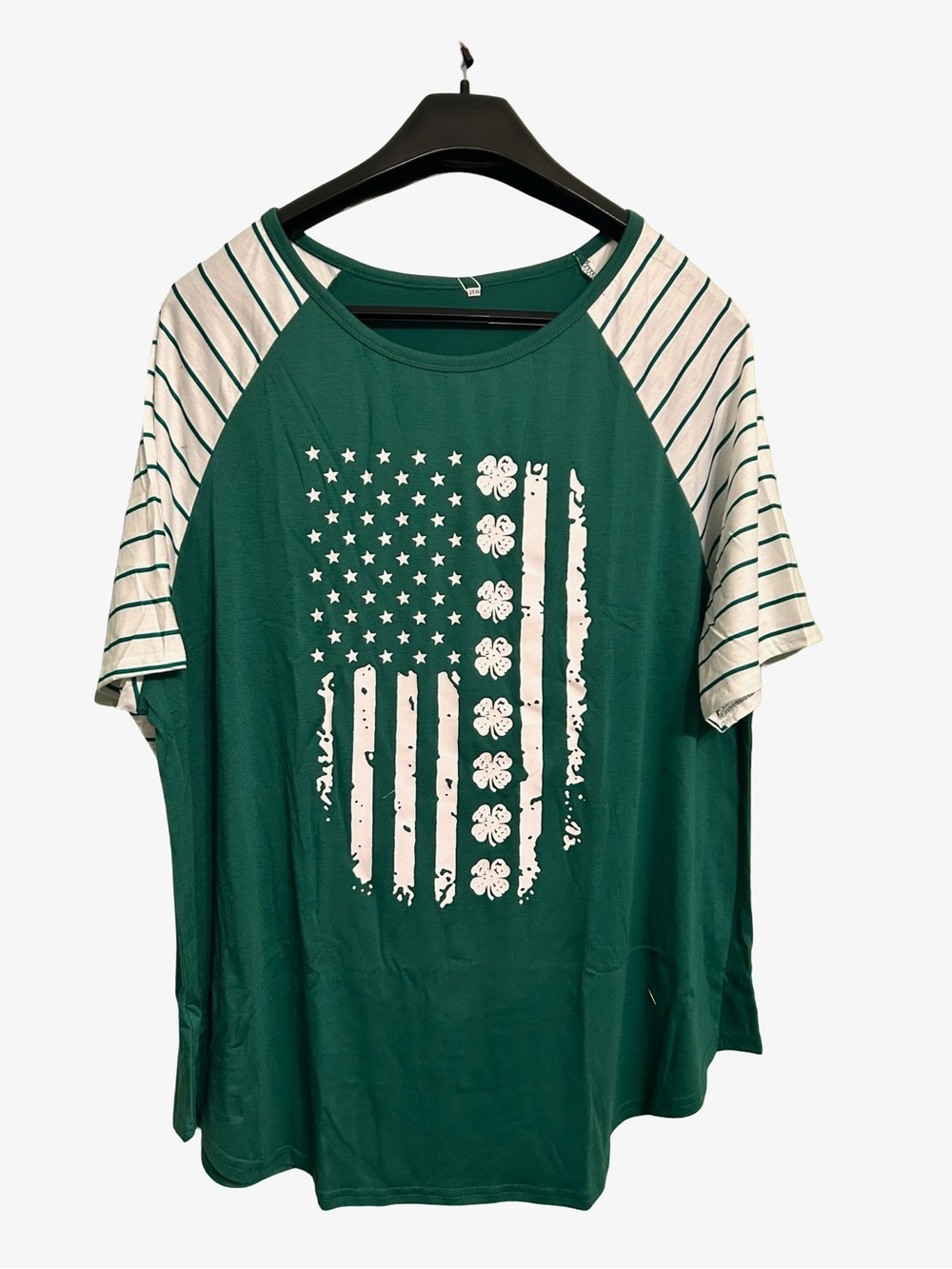 Green Short Sleeve Raglan Tee with Striped Sleeves and Graphic Flag